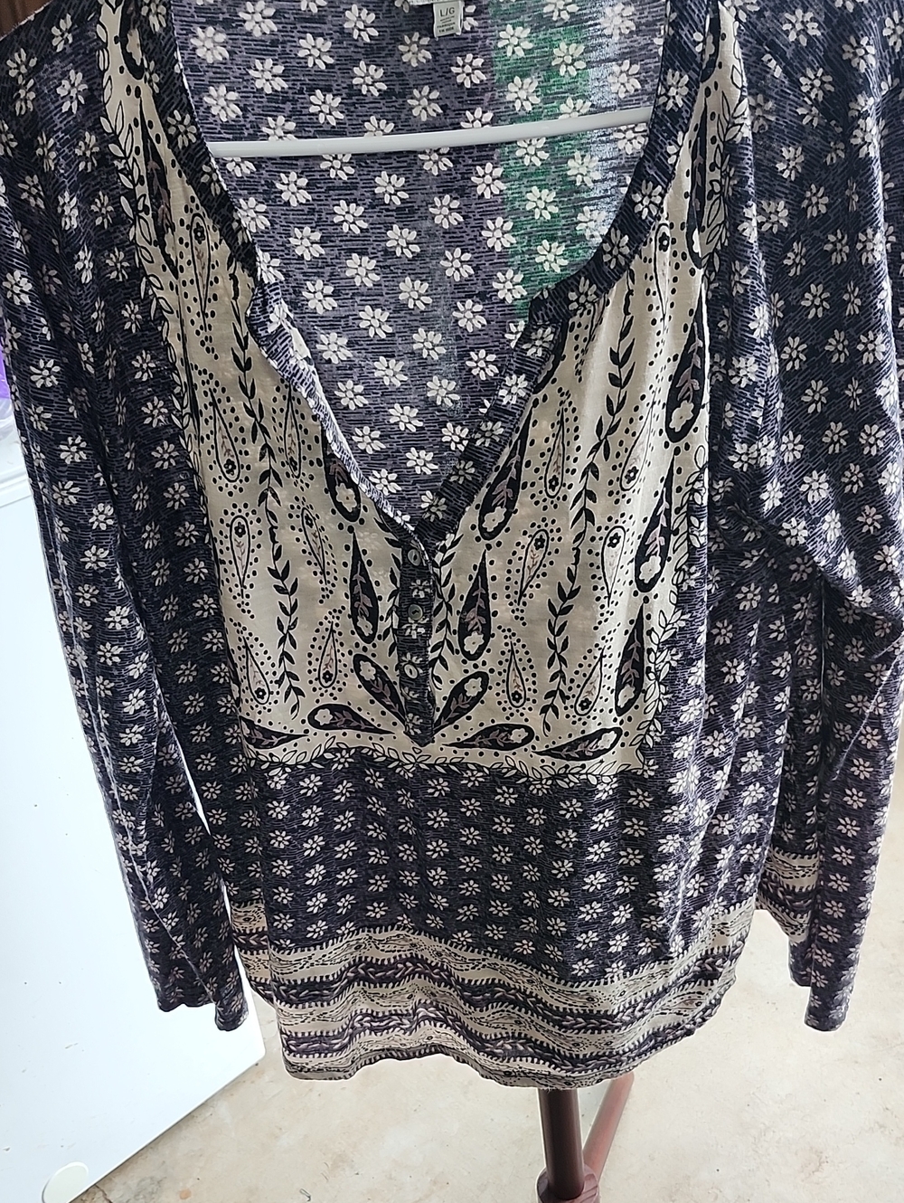 Lucky Brand Navy and Cream Paisley Panel V-Neck Long Sleeve Blouse